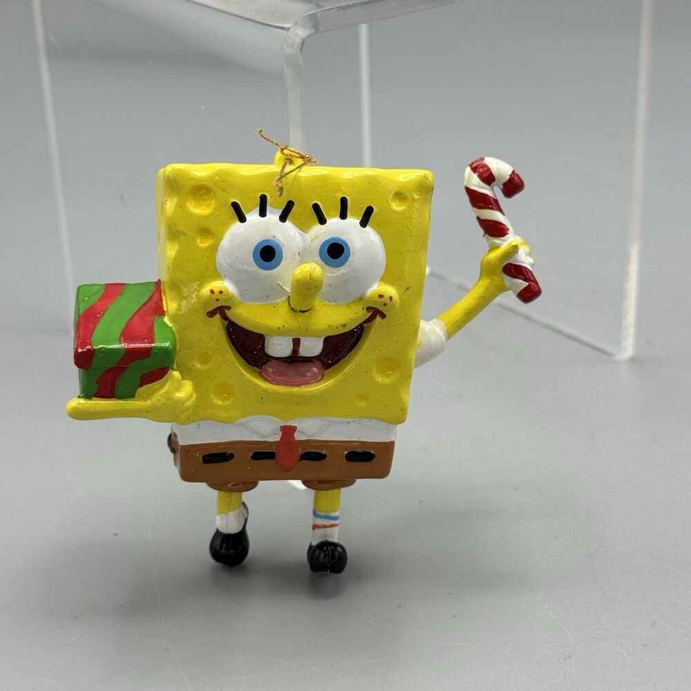 2002 SpongeBob Squarepants Christmas Ornament Viacom Holding Candy Cane and Gift